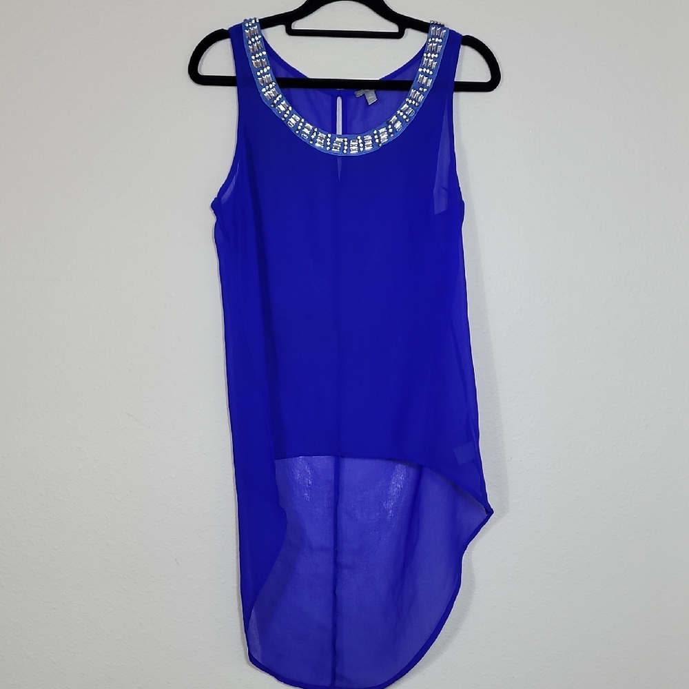 Y2K Charlotte Russe Sheer High Low Hem Top Size S Blue Embellished Sleeveless